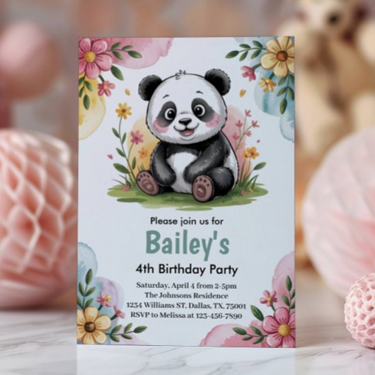Invitation Cute Floral Enfants Panda 4e fête d'anniversaire