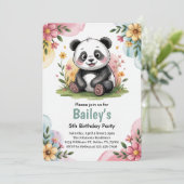 Invitation Cute Floral Enfants Panda 5e fête d'anniversaire (Debout devant)
