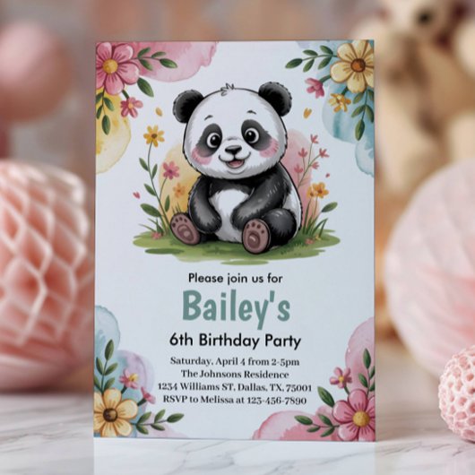 Invitation Cute Floral Enfants Panda 6e fête d'anniversaire