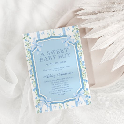 Invitation Cute Floral et Bow Boy Baby shower