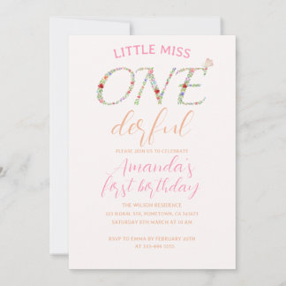 Invitation Cute Floral Premier Anniversaire Little Miss ONE D