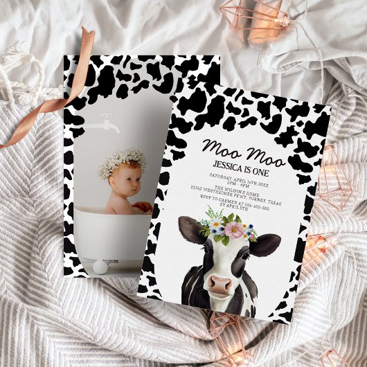 Invitation Cute Floral Vache Moderne 1ère fête d'anniversaire