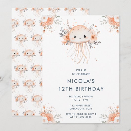 Invitation Cute Florale méduse fête d'anniversaire (Devant / Derrière)
