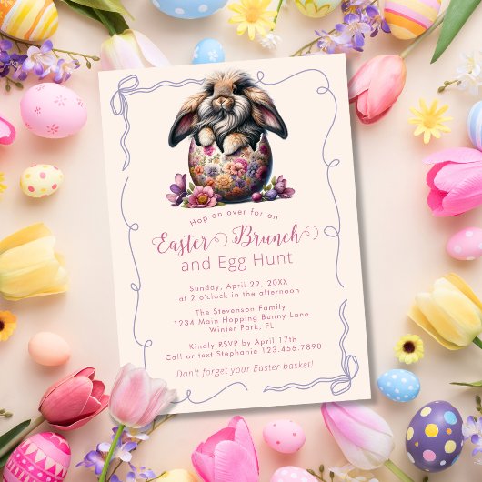 Invitation Cute Fluffy Brown Lapin de Pâques Crème Brunch de 