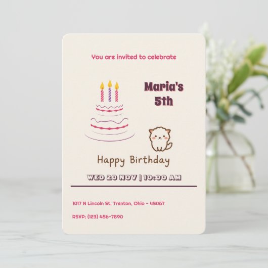 Invitation Cute Fluffy Chat avec gâteau d'anniversaire (Debout devant)