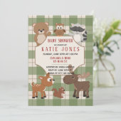 Invitation Cute Forest Animals Green Plaid Baby shower Invita (Debout devant)