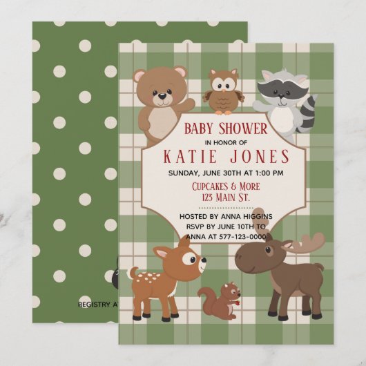 Invitation Cute Forest Animals Green Plaid Baby shower Invita (Devant / Derrière)