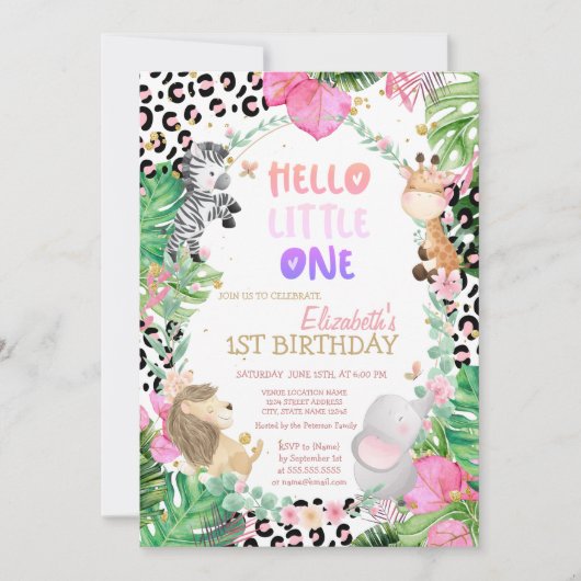 Invitation Cute Forest Animaux Feuilles tropicaux 1er anniver (Devant)
