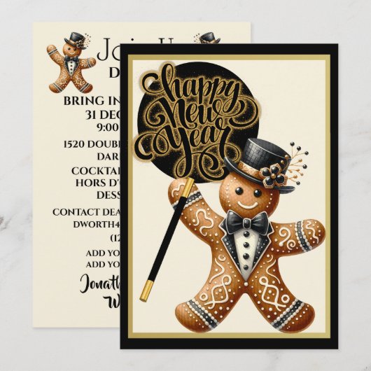 Invitation Cute Formal Gingerbread Homme Nouvel An (Devant / Derrière)
