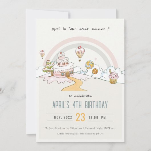 Invitation Cute Four Ever Sweet Candy Land 4e anniversaire (Devant)