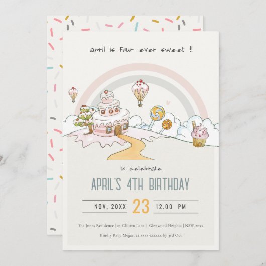 Invitation Cute Four Ever Sweet Candy Land 4e anniversaire (Devant / Derrière)