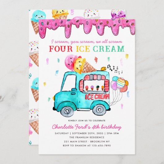 Invitation Cute Four Ice Cream Camion 4e Anniversaire de enfa (Devant / Derrière)