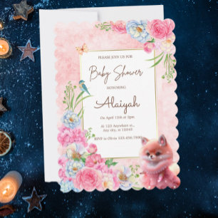 Invitation Cute Fox Blush rose Floral Baby shower d'aquarelle