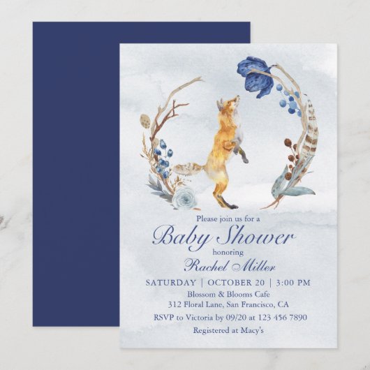 Invitation Cute Fox bois aquarelle Baby shower Floral (Devant / Derrière)
