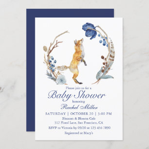 Invitation Cute Fox bois aquarelle Baby shower Floral