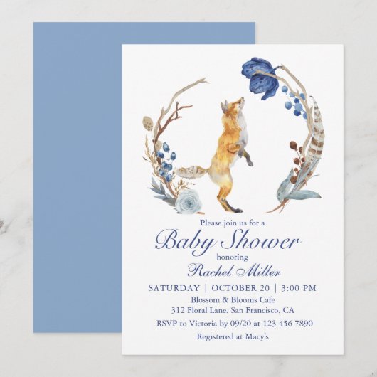 Invitation Cute Fox bois aquarelle Baby shower Floral (Devant / Derrière)