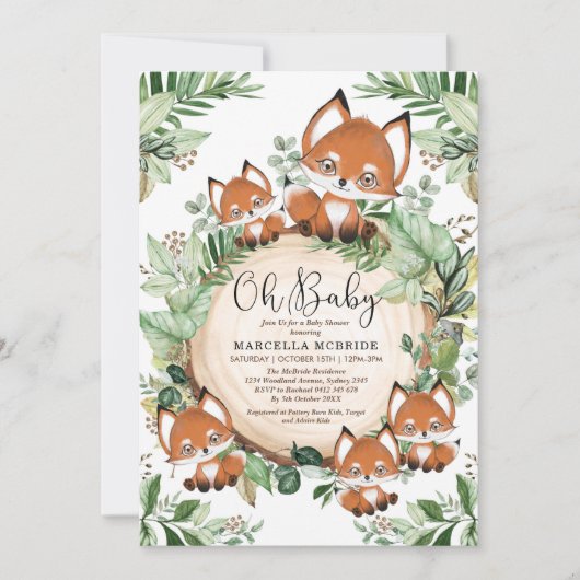 Invitation Cute Fox Botanical Greenery Baby shower neutre (Devant)