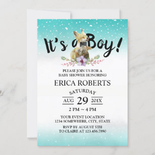 Invitation Cute Fox Boy Baby shower Turquoise d'aquarelle
