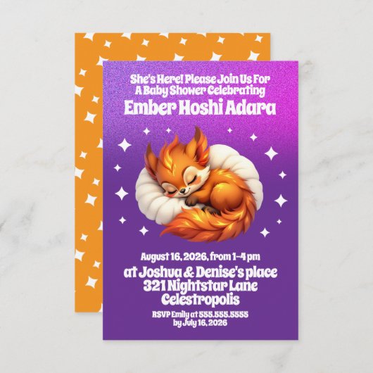 Invitation Cute Fox Cub Asleep in Starry Sky Baby Shower (Devant / Derrière)