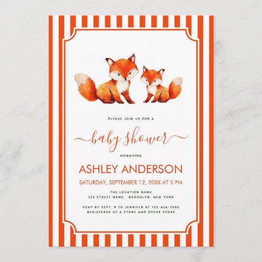 Invitation Cute Fox Mama and Baby Shower Animals Red Stripes (Devant)