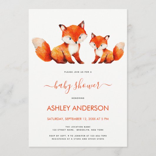 Invitation Cute Fox Mama and Baby Shower Red Watercolor (Devant)