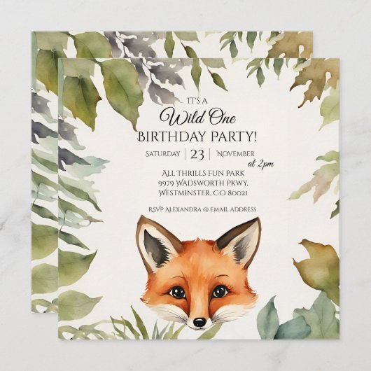Invitation Cute Fox Wild One 1ère fête d'anniversaire (Devant / Derrière)