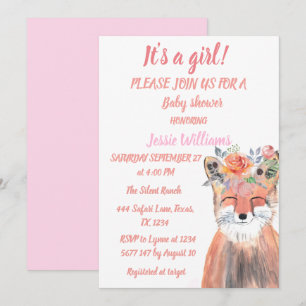 Invitation Cute Fox Woodland Animaux Rose Rustique Baby Girl 