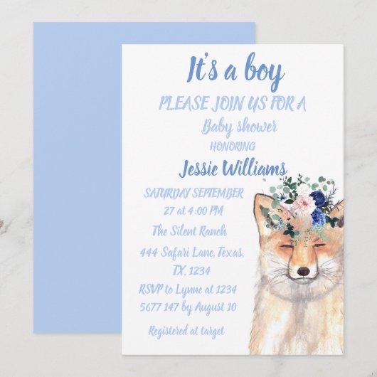 Invitation Cute Fox Woodland Animaux Rustic Baby boy douche (Devant / Derrière)