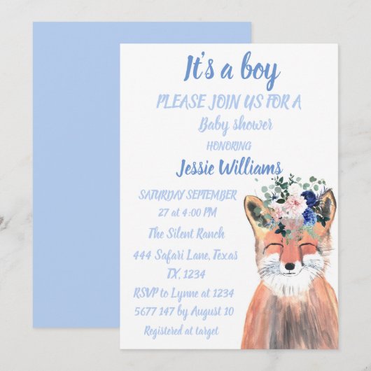Invitation Cute Fox Woodland Animaux Rustic Baby boy douche I (Devant / Derrière)