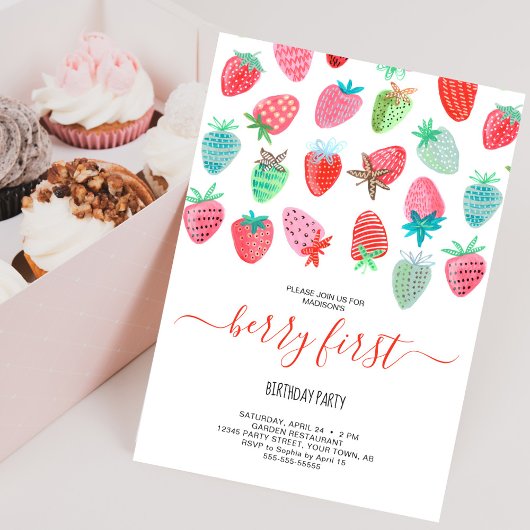 Invitation Cute fraise fille baies fête de premier anniversai