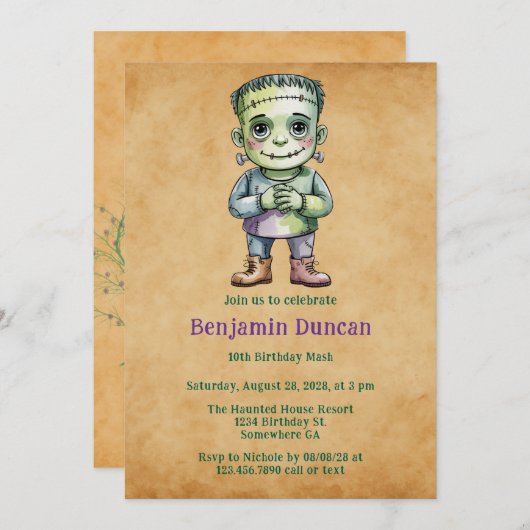 Invitation Cute Frankenstein Halloween Boy Birthday Mash (Devant / Derrière)