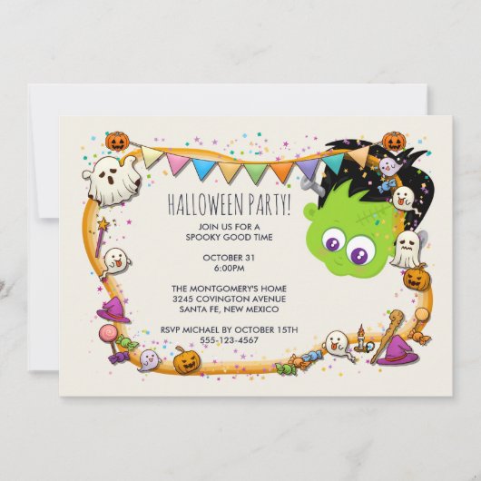 Invitation Cute Frankenstein Monster & Halloween Frame Party (Devant)