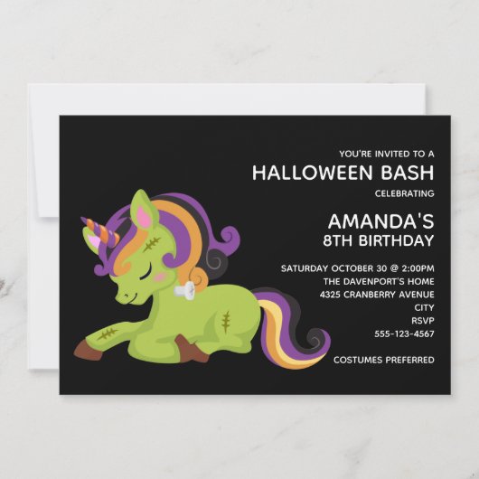 Invitation Cute Frankenstein Unicorn Halloween Anniversaire (Devant)