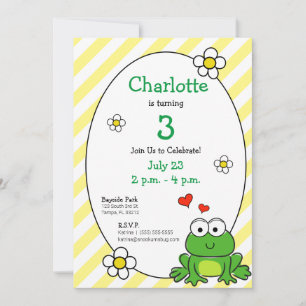 Invitation Cute Frog Yellow Stripe Anniversaire Fête Invitati