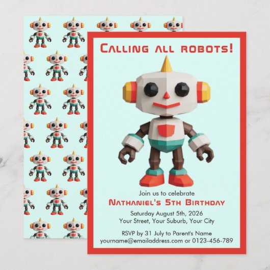 Invitation Cute Fun Robot Kid's Birthday (Devant / Derrière)