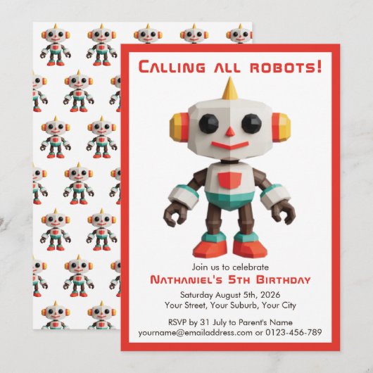 Invitation Cute Fun Robot Kid's Birthday (Devant / Derrière)