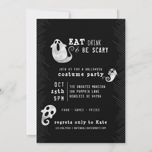 Invitation Cute Ghost Eat Drink Be Effrayant Costume Hallowee (Devant)