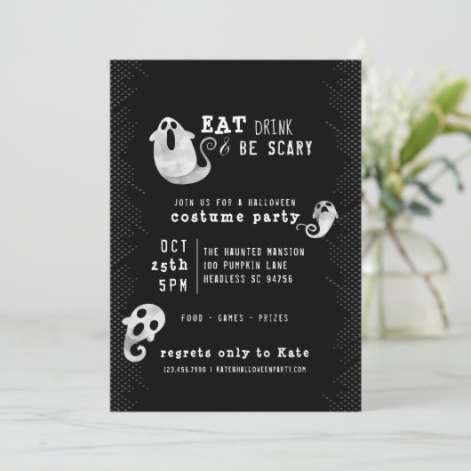 Invitation Cute Ghost Eat Drink Be Effrayant Costume Hallowee (Debout devant)