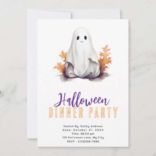 Invitation Cute Ghost Orange Feuille Dîner d'Halloween (Devant)