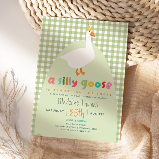 Invitation Cute Gingham Neutral Silly Goose Baby Shower 