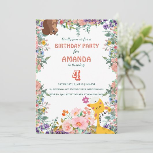 Invitation Cute girafe fleurs fleurie fête d'anniversaire (Debout devant)