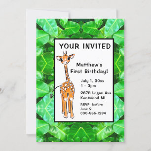 Invitation Cute Giraffe amis safari tropical feuille