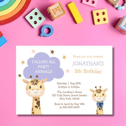 Invitation Cute Giraffe Appelant Animaux de fête Anniversaire