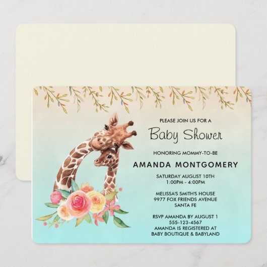 Invitation Cute Giraffe Aquarelle Maman & Baby shower bébé (Devant / Derrière)