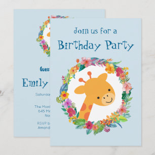 Invitation Cute Giraffe avec Fleur Wreath fête d'anniversaire