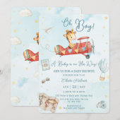 Invitation Cute Giraffe Avion Aventure Oh Boy Baby shower (Devant / Derrière)