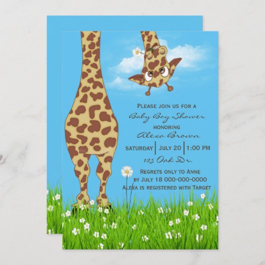 Invitation Cute Giraffe Baby Boy Douche (Devant / Derrière)