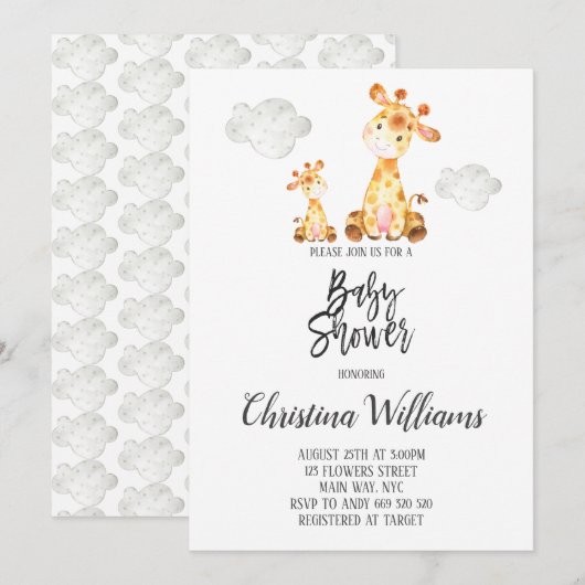 Invitation Cute Giraffe Baby shower Neutre Gris Maman & Bébé (Devant / Derrière)