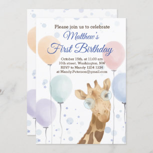 Invitation Cute Giraffe Ballons colorés Boy Anniversaire