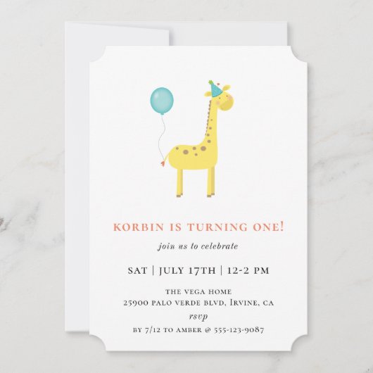 Invitation Cute Giraffe Blue Balloon fête d'anniversaire (Devant)